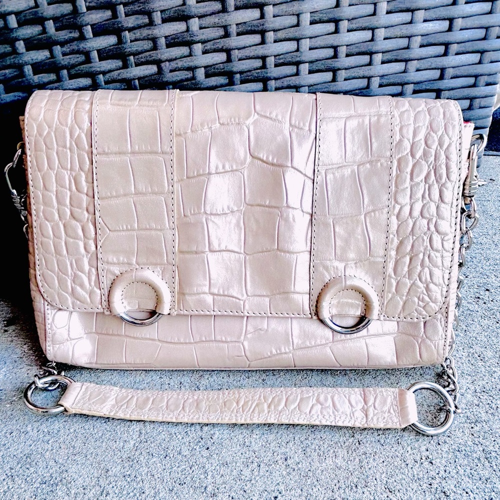 Michael Rome handbag croc style genuine leather champagne gold color‎